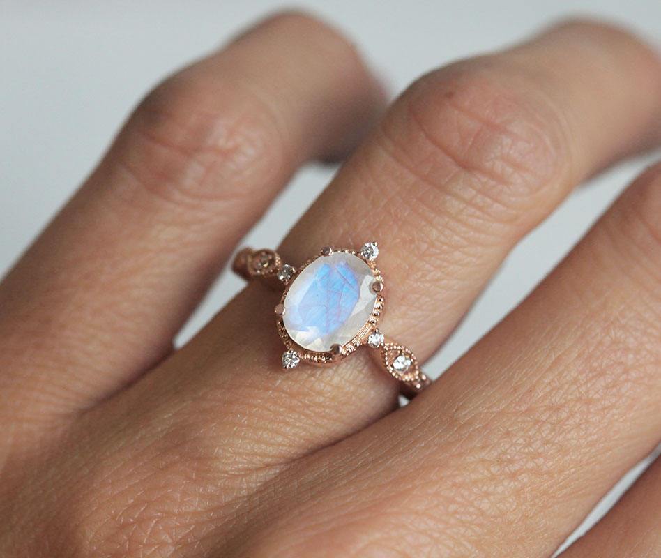 Oval Moonstone Vintage Eye-Shape Rose Gold Engagement Ring with Side Round White Diamonds