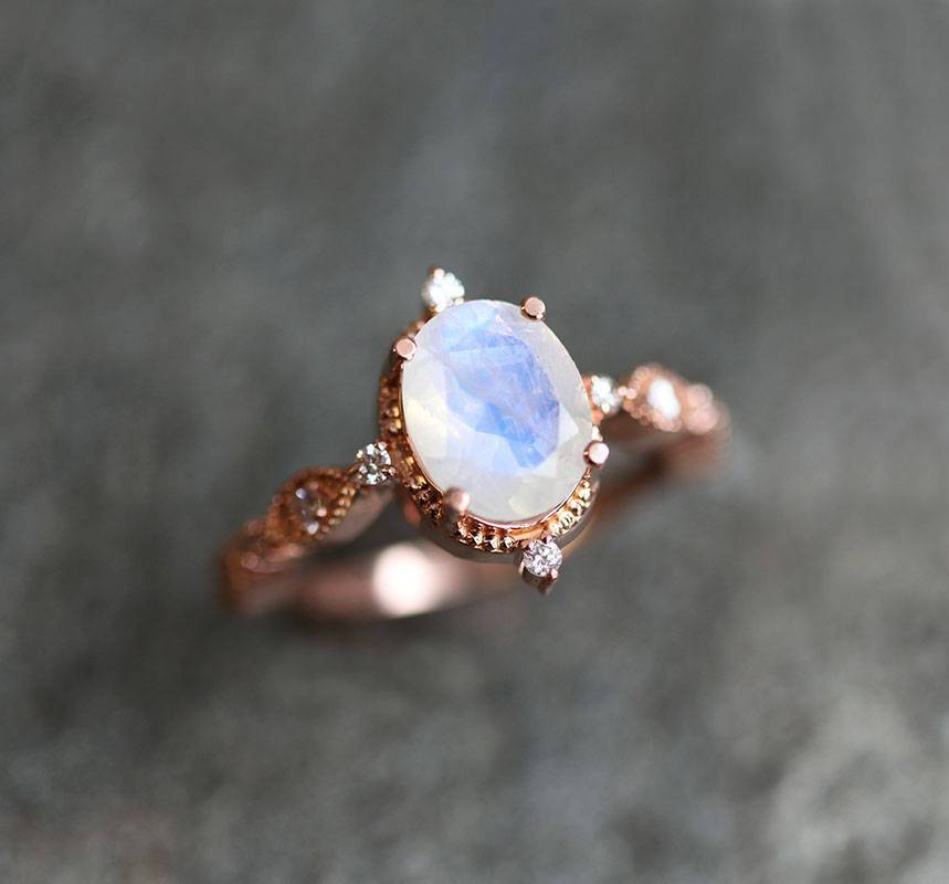 Oval Moonstone Vintage Eye-Shape Rose Gold Engagement Ring with Side Round White Diamonds