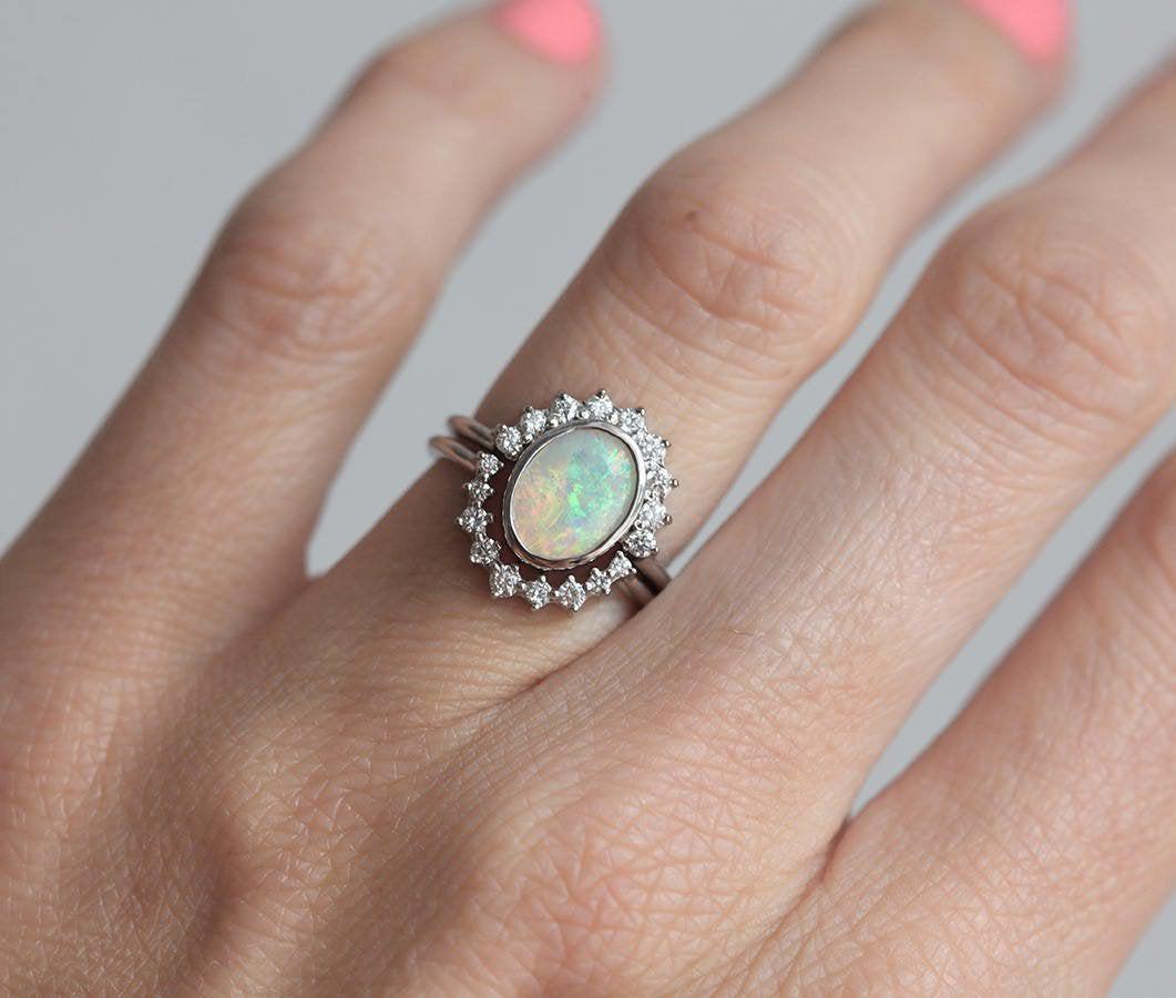 Oval Opal Halo Ring with Round White Diamonds