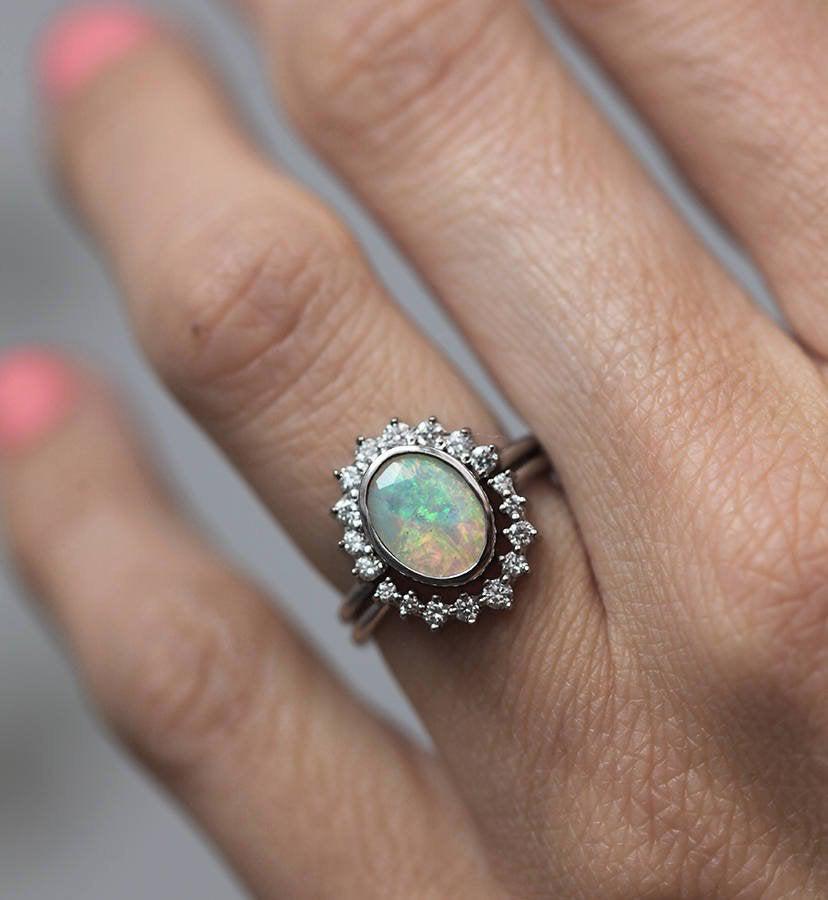 Oval Opal Halo Ring with Round White Diamonds