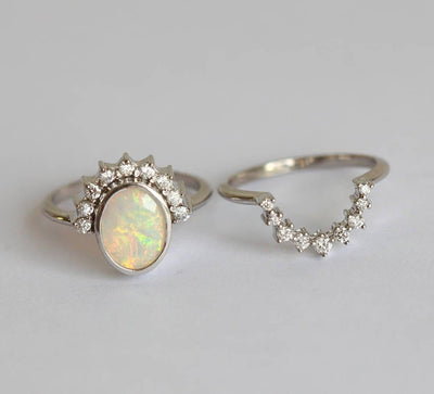 Oval Opal Full Halo Ring with Round White Diamonds