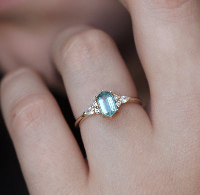 Blue Hexagon Aquamarine Ring with Side Round and Pear White Diamonds