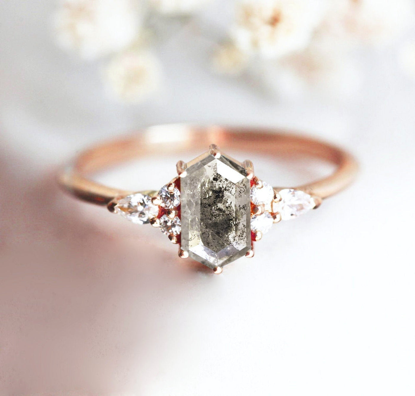 Hexagon Salt & Pepper Diamond Rose Gold Ring with Pear and Round Side Diamonds