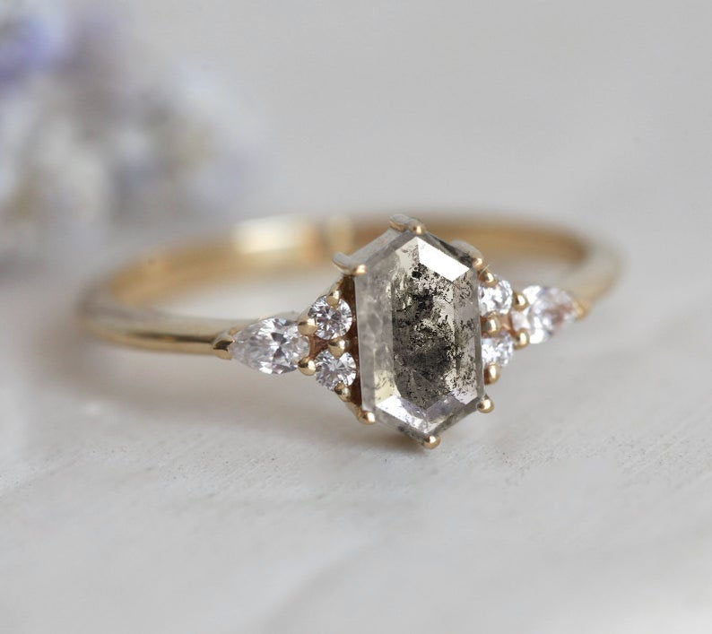Hexagon Salt & Pepper Diamond Ring with Pear and Round Side Diamonds