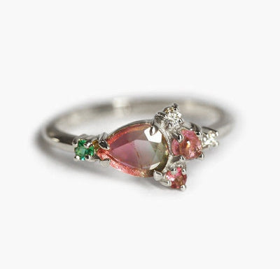 Pear Bicolor Tourmaline Cluster Ring with Side Tourmaline, Emerald, Garnet Stones and Round White Diamonds