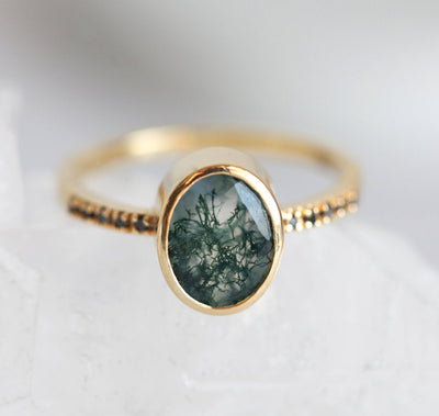 Oval Moss Agate Ring with Round Black Diamonds on the Band