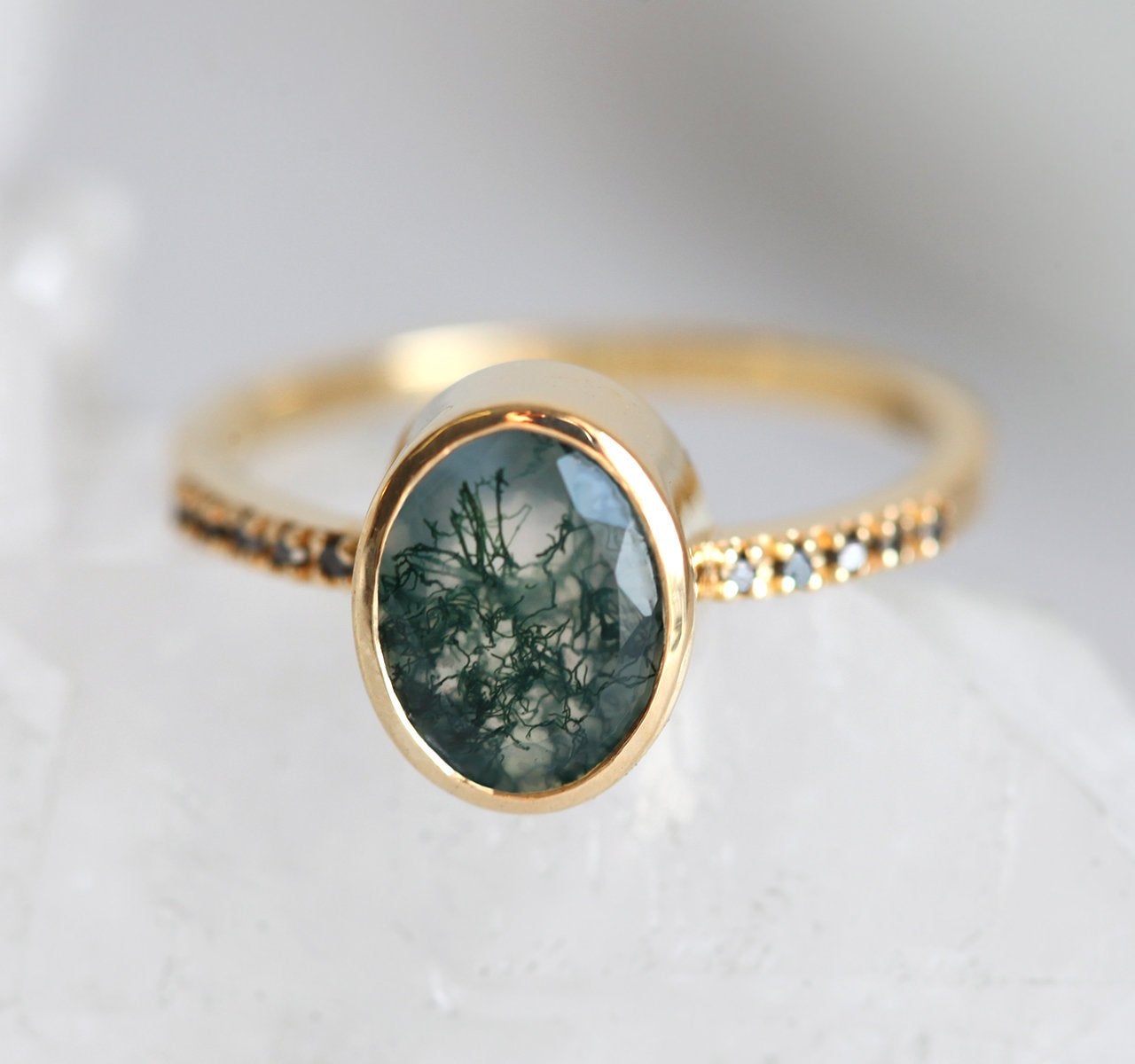 Oval Moss Agate Ring with Round Black Diamonds on the Band