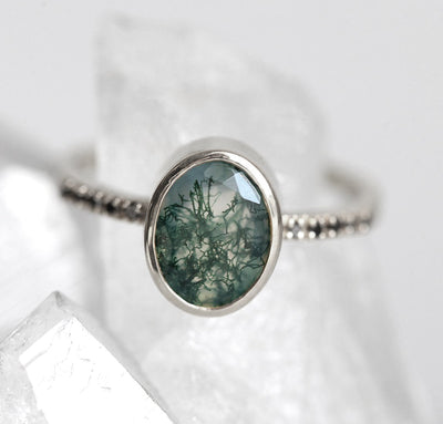 Oval Moss Agate Ring with Round Black Diamonds on the Band