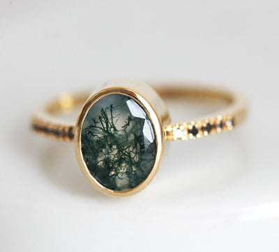 Oval Moss Agate Ring with Round Black Diamonds on the Band