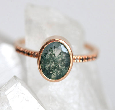 Oval Moss Agate Ring with Round Black Diamonds on the Band