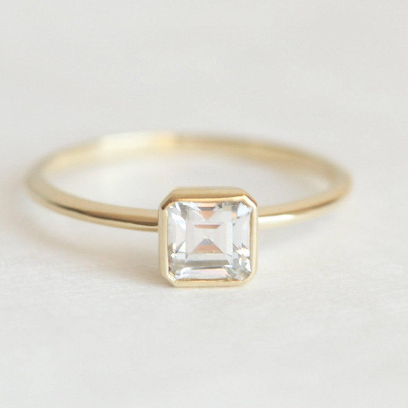 Rare Asscher Cut White Diamond Solitaire Bezel Setting Ring