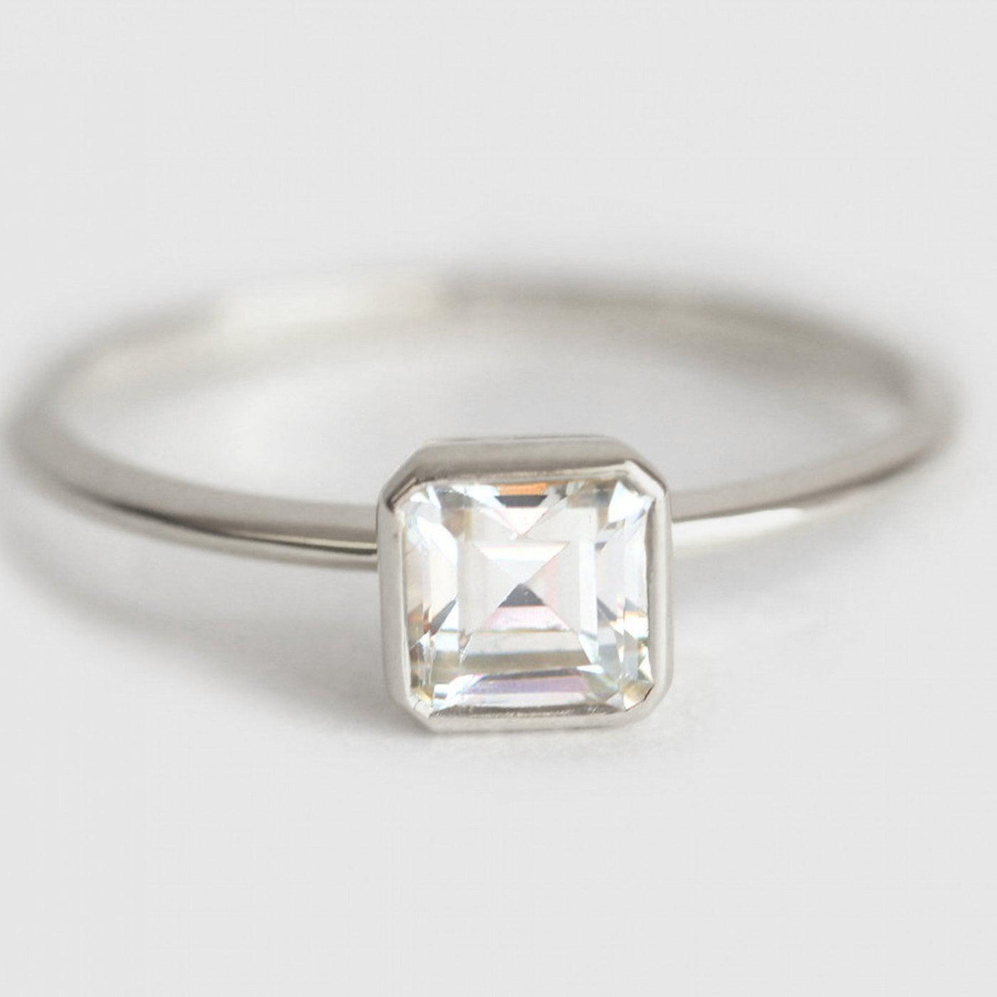 Rare Asscher Cut White Diamond Solitaire Bezel Setting Ring
