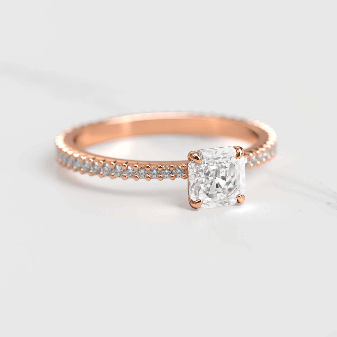 Gold Engagement Ring with Square Cut Asscher Diamond and Full Pave Tapered Lab White Diamond Band
