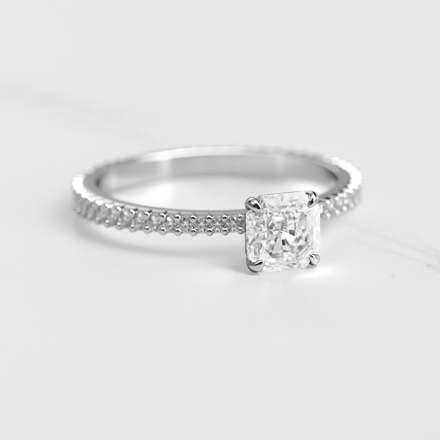 Gold Engagement Ring with Square Cut Asscher Diamond and Full Pave Tapered Lab White Diamond Band