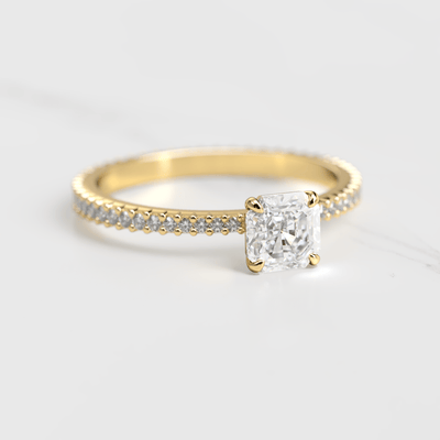 Gold Engagement Ring with Square Cut Asscher Diamond and Full Pave Tapered Lab White Diamond Band