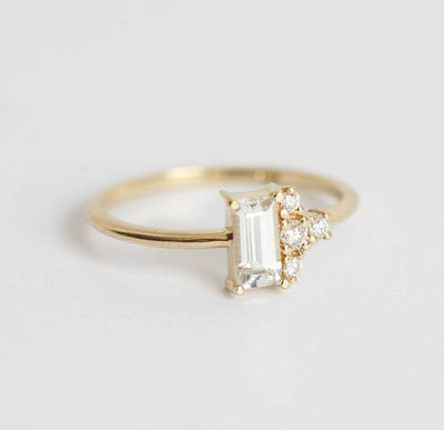 Baguette-shaped white sapphire ring with diamond cluster