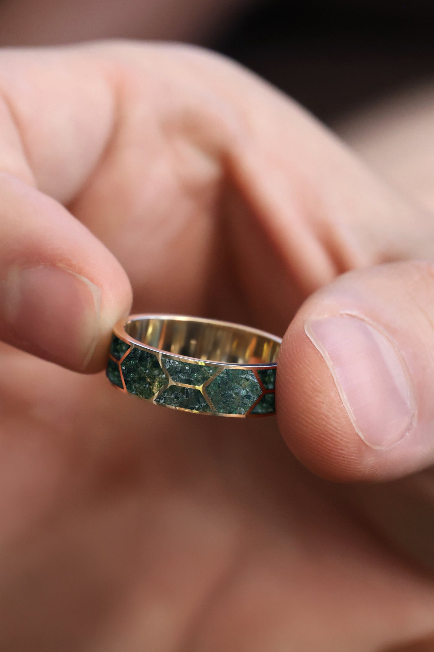 Atlas Mosaic Moss Agate Inlay Gold Band Rings