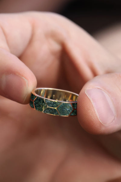 Atlas Mosaic Moss Agate Inlay Gold Band Rings