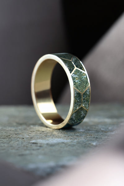 Atlas Mosaic Moss Agate Inlay Gold Band Rings