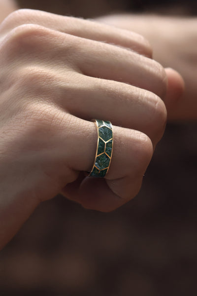 Atlas Mosaic Moss Agate Inlay Gold Band Rings