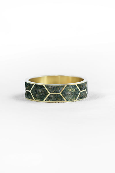 Atlas Mosaic Moss Agate Inlay Gold Band Rings