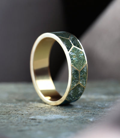 Atlas Mosaic Moss Agate Inlay Gold Band Rings