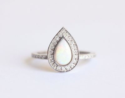 White Pear Opal Halo Ring with White Diamonds and Eternity Diamond Band