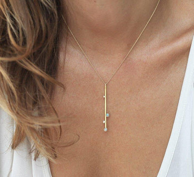 Round australian opal and round white diamond gold bar necklace
