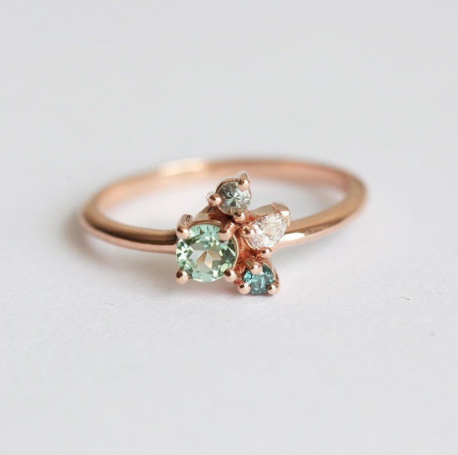 Mint Tourmaline Cluster Ring with Side White Diamonds and Sapphire Stones