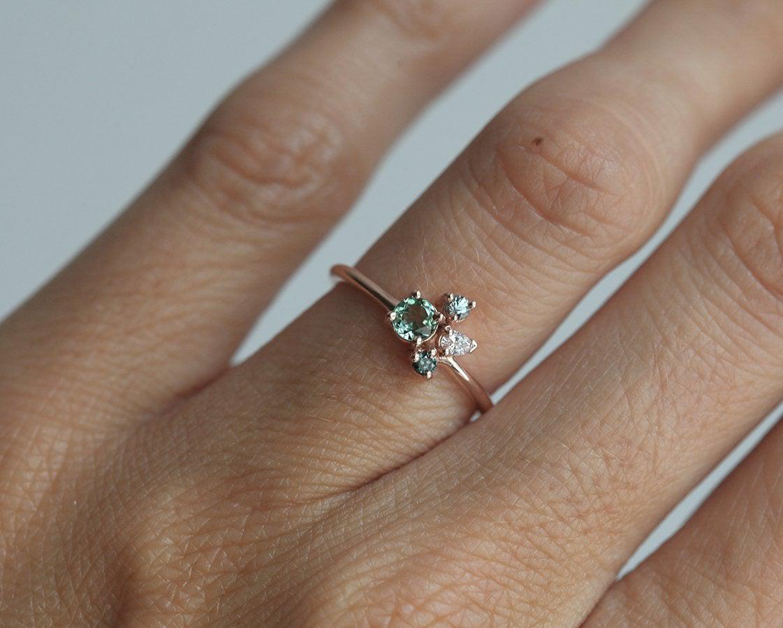 Mint Tourmaline Cluster Ring with Side White Diamonds and Sapphire Stones