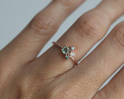 Mint Tourmaline Cluster Ring with Side White Diamonds and Sapphire Stones