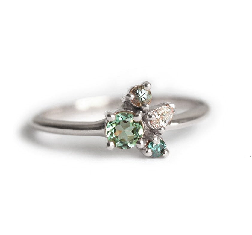 Mint Tourmaline Cluster Ring with Side White Diamonds and Sapphire Stones