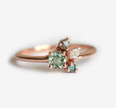 Mint Tourmaline Cluster Ring with Side White Diamonds and Sapphire Stones