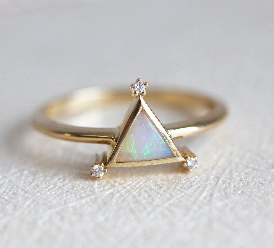 Triangle Opal Yellow Gold Ring with White Diamonds on each edge