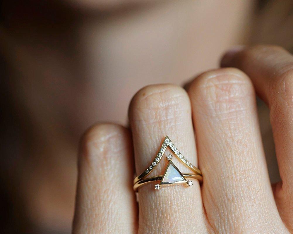 Triangle Opal Yellow Gold Ring with White Diamonds on each vertex with Diamond Crown Ring