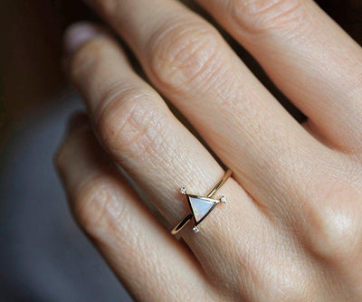 Triangle Opal Yellow Gold Ring with White Diamonds on each vertex