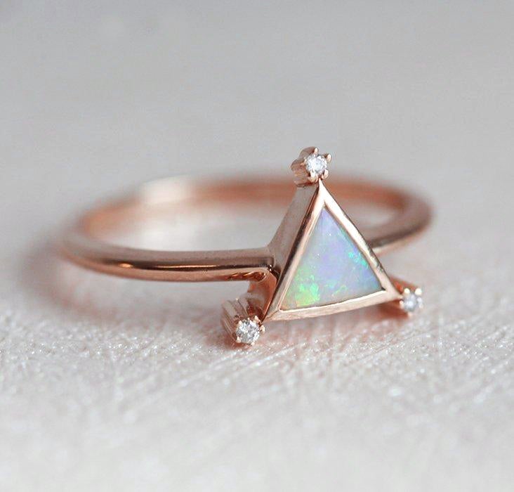 Triangle Opal Yellow Gold Ring with White Diamonds on each vertex