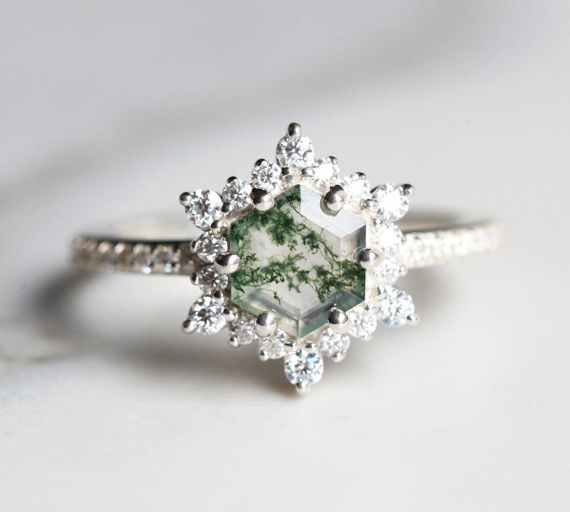 Hexagon Moss Agate Ring with Side Diamonds and Moissanite Stones