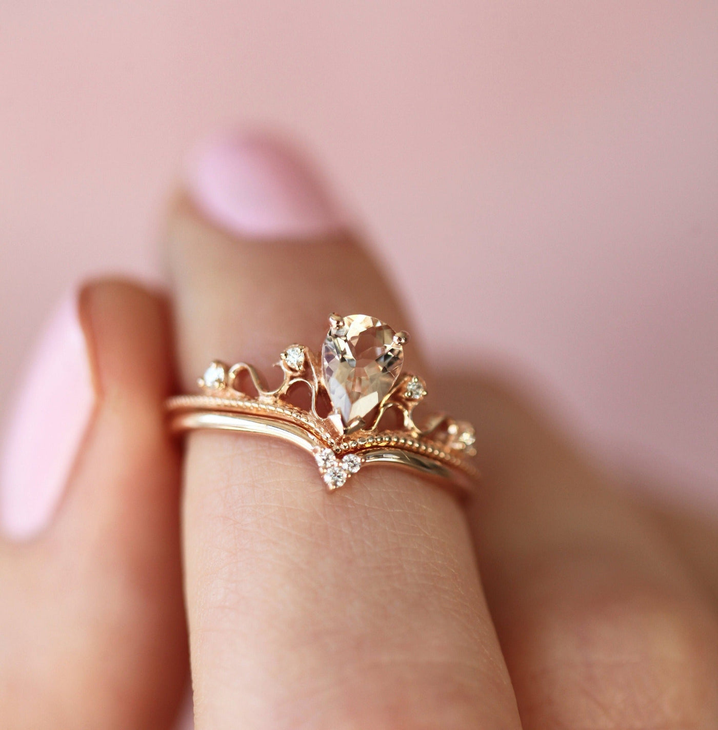 Vintage pear-shaped pink morganite ring with side diamonds