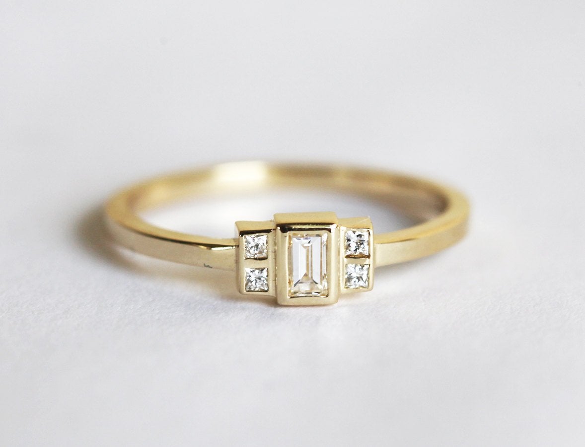 Baguette White Diamond Engagement Ring with side Princess Cut White Diamonds