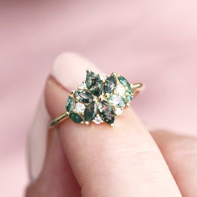 Marquise-Cut Moss Agate Cluster Ring with Side Marquise-Cut Moss Agate Stones and White Diamonds