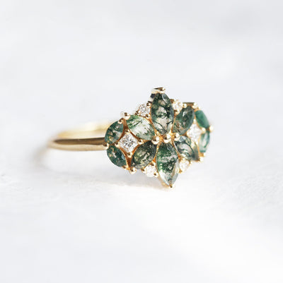 Marquise-Cut Moss Agate Cluster Ring with Side Marquise-Cut Moss Agate Stones and White Diamonds