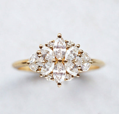 Marquise-Cut Diamond Cluster Ring with Side Marquise-Cut, Square and Round White Diamonds