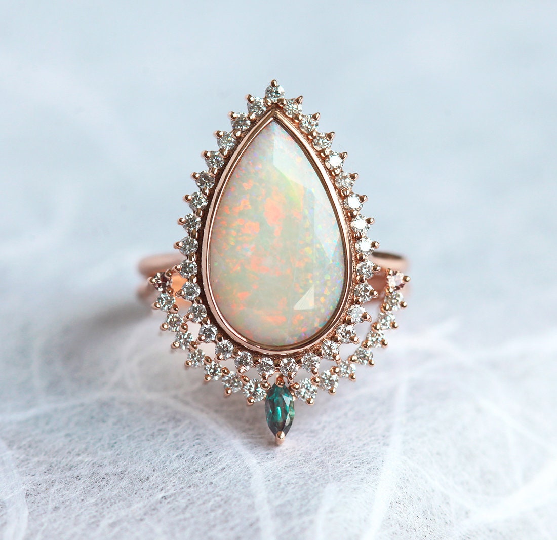 White Pear Australian Opal Halo Ring Set with White Diamonds and Sapphires