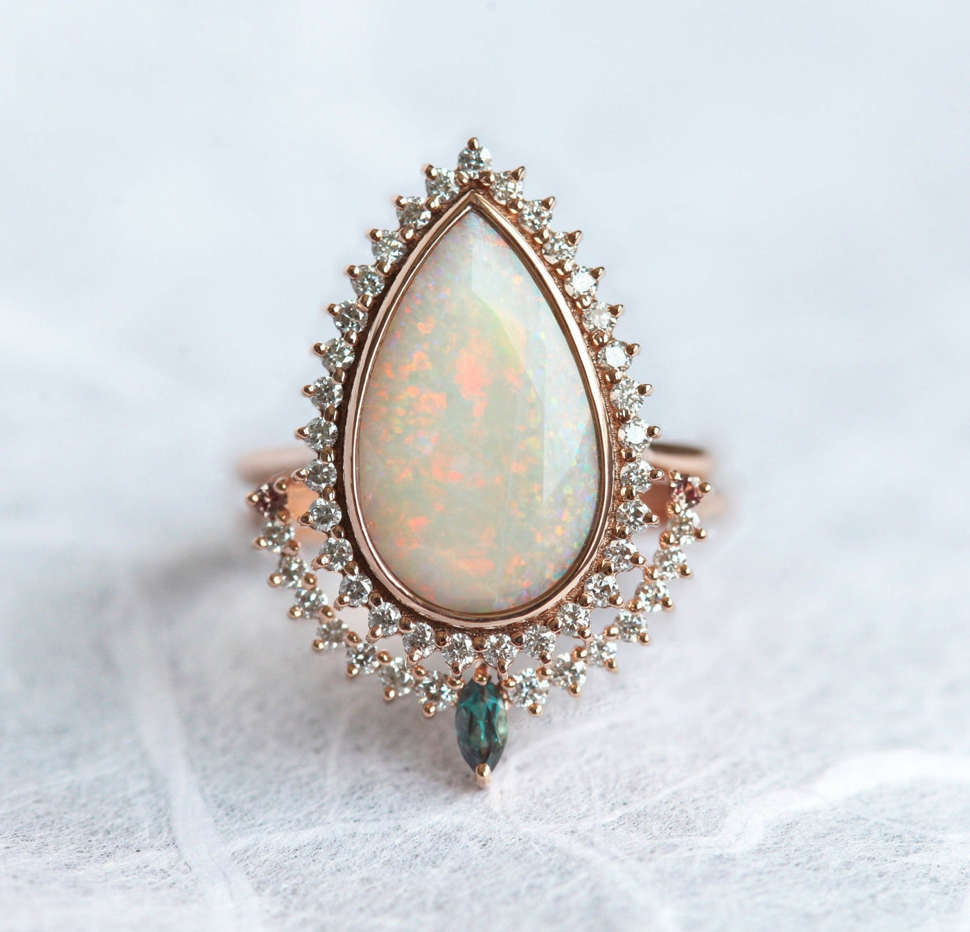 White Pear Australian Opal Halo Ring Set with White Diamonds and Sapphires