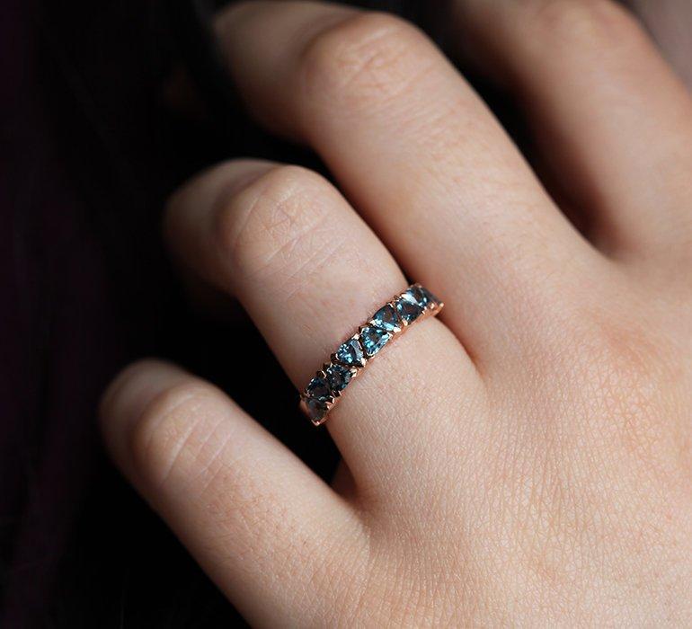 Trillion-cut sky blue topaz eternity wedding band