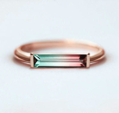 Watermelon Baguette Tourmaline Solitaire Style Ring