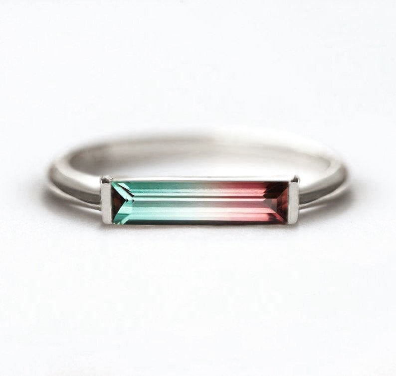 Watermelon Baguette Tourmaline Solitaire Style Ring