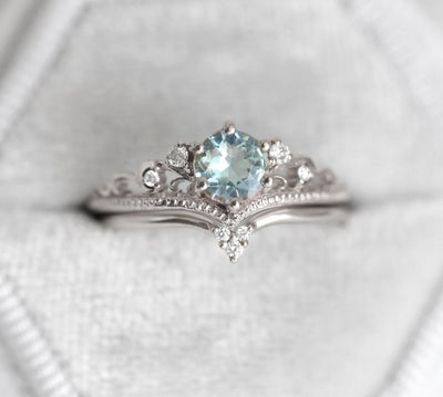 White Gold Aquamarine Engagement Ring with Diamond Matching Band