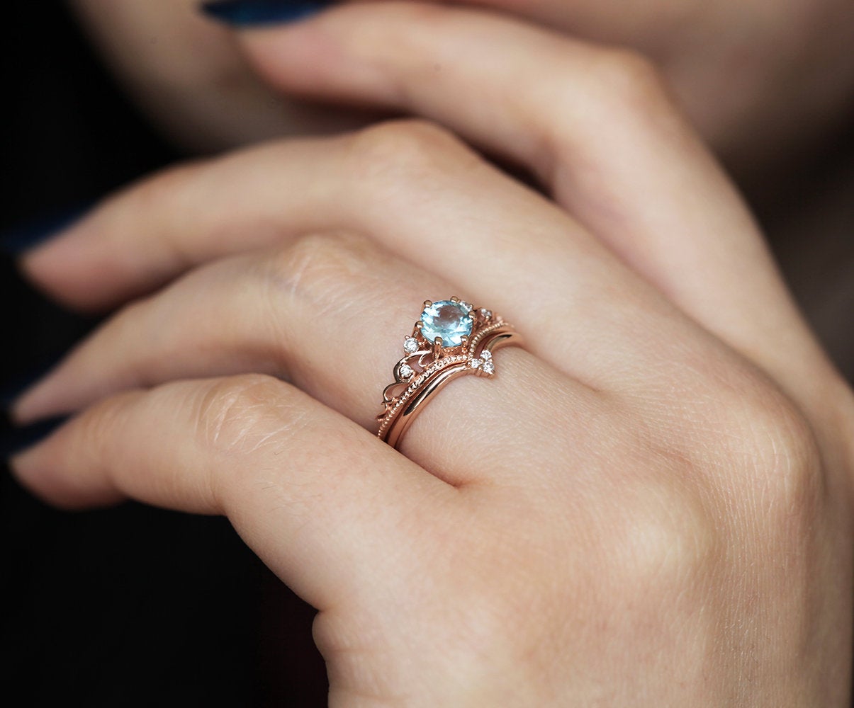 Aquamarine Engagement Ring with Diamond Matching Band